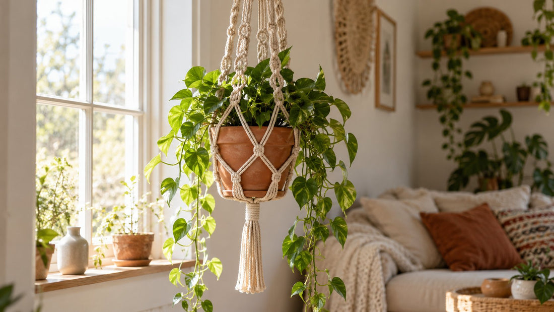 Makramee Blumenampel aus Baumwollkordel mit Terrakotta-Topf und Hängepflanze am Fenster