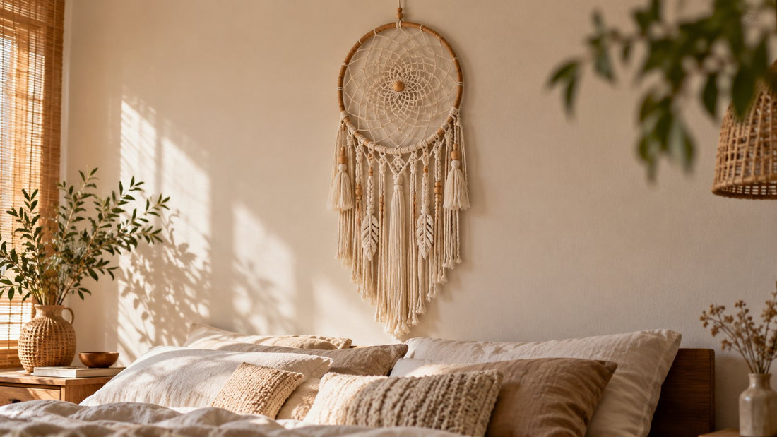 Makramee Traumfänger mit Bambusring und Fransen über einem Bett im Boho-Schlafzimmer